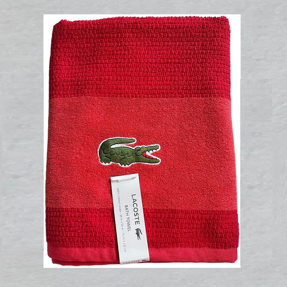 LACOSTE Red Cherry Big Crocodile Bath Towel Measures 30" x 52"